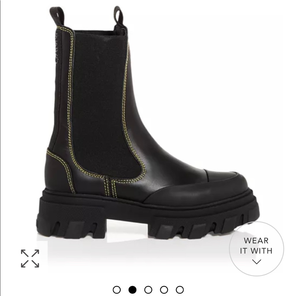 GANNI Black leather ankle boot with yellow stitching